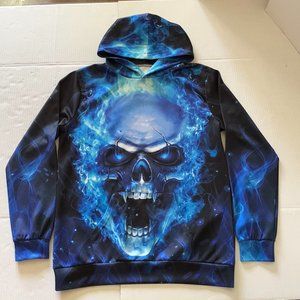 Blue Black Mens Pullover Hoodie Flaming Fanged Skull Graphic Front and Back
